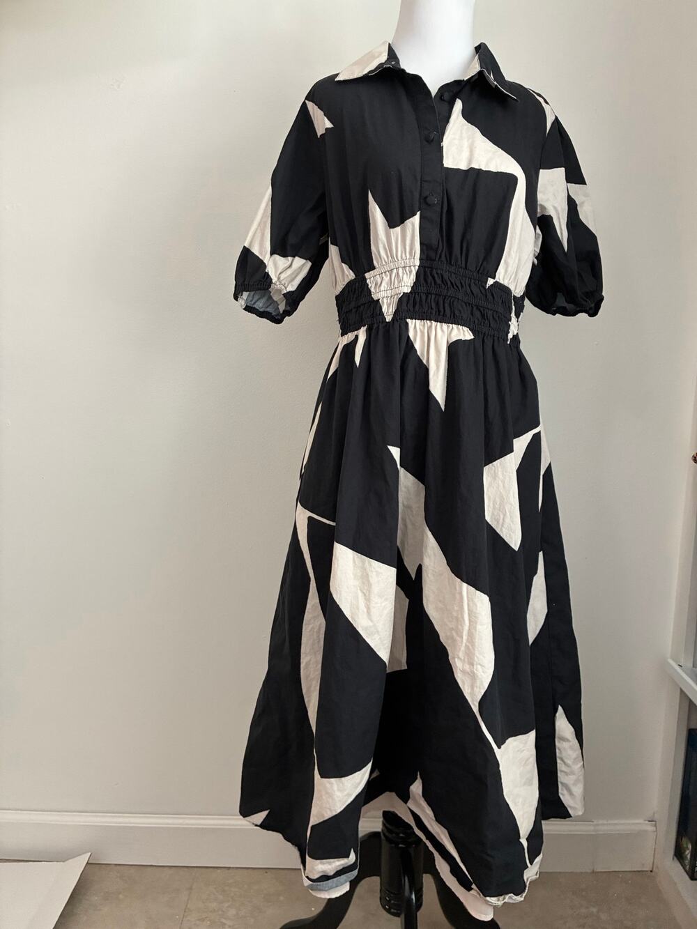 Hutch Alora Midi Dress Women L Black White Abstract Geometric Cotton Puff Sleeve